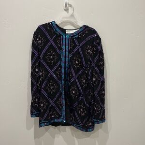VTG Night Vogue Jacket Women XL Silk Sequin Embroidered Black Teal Purple READ
